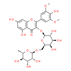 ChemSpider 2D Image | 5,7-Dihydroxy-2-(4-hydroxy-3,5-dimethoxyphenyl)-4-oxo-4H-chromen-3-yl 6-O-(6-deoxy-alpha-L-mannopyranosyl)-beta-D-galactopyranoside | C29H34O17