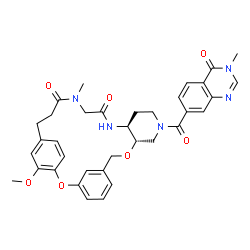 ChemSpider 2D Image | (10S,15S)-25-Methoxy-19-methyl-12-[(3-methyl-4-oxo-3,4-dihydro-7-quinazolinyl)carbonyl]-2,9-dioxa-12,16,19-triazatetracyclo[21.2.2.1~3,7~.0~10,15~]octacosa-1(25),3(28),4,6,23,26-hexaene-17,20-dione | C35H37N5O7
