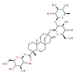 ChemSpider 2D Image | 1-O-[(5beta,8alpha,9beta,10alpha,13alpha)-13-{[2-O-(6-Deoxy-beta-D-glucopyranosyl)-beta-D-glucopyranosyl]oxy}-18-oxokaur-16-en-18-yl]-beta-D-glucopyranose | C38H60O17