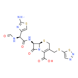 ChemSpider 2D Image | (6R,7R)-7-{[(2S)-2-(2-Amino-1,3-thiazol-4-yl)-2-formamidoacetyl]amino}-8-oxo-3-[(1,2,3-thiadiazol-5-ylsulfanyl)methyl]-5-thia-1-azabicyclo[4.2.0]oct-2-ene-2-carboxylic acid | C16H15N7O5S4