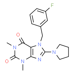ChemSpider 2D Image | 7-(3-Fluorobenzyl)-1,3-dimethyl-8-(1-pyrrolidinyl)-3,7-dihydro-1H-purine-2,6-dione | C18H20FN5O2