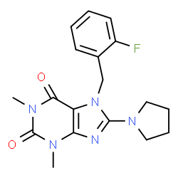 ChemSpider 2D Image | 7-(2-Fluorobenzyl)-1,3-dimethyl-8-(1-pyrrolidinyl)-3,7-dihydro-1H-purine-2,6-dione | C18H20FN5O2