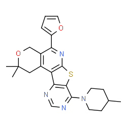 ChemSpider 2D Image | 5-(2-Furyl)-2,2-dimethyl-8-(4-methyl-1-piperidinyl)-1,4-dihydro-2H-pyrano[4'',3'':4',5']pyrido[3',2':4,5]thieno[3,2-d]pyrimidine | C24H26N4O2S