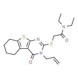 ChemSpider 2D Image | 2-[(3-Allyl-4-oxo-3,4,5,6,7,8-hexahydro[1]benzothieno[2,3-d]pyrimidin-2-yl)sulfanyl]-N,N-diethylacetamide | C19H25N3O2S2
