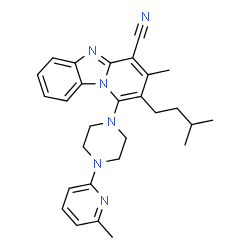 ChemSpider 2D Image | 3-Methyl-2-(3-methylbutyl)-1-[4-(6-methyl-2-pyridinyl)-1-piperazinyl]pyrido[1,2-a]benzimidazole-4-carbonitrile | C28H32N6
