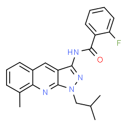 ChemSpider 2D Image | 2-Fluoro-N-(1-isobutyl-8-methyl-1H-pyrazolo[3,4-b]quinolin-3-yl)benzamide | C22H21FN4O