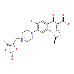 ChemSpider 2D Image | (1S)-6-Fluoro-1-methyl-7-{4-[(5-methyl-2-oxo-1,3-dioxol-4-yl)methyl]piperazin-4-ium-1-yl}-4-oxo-4H-[1,3]thiazeto[3,2-a]quinoline-3-carboxylate | C21H20FN3O6S