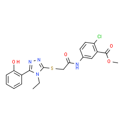 ChemSpider 2D Image | Methyl 2-chloro-5-[({[4-ethyl-5-(2-hydroxyphenyl)-4H-1,2,4-triazol-3-yl]sulfanyl}acetyl)amino]benzoate | C20H19ClN4O4S