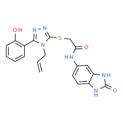 ChemSpider 2D Image | 2-{[4-Allyl-5-(2-hydroxyphenyl)-4H-1,2,4-triazol-3-yl]sulfanyl}-N-(2-oxo-2,3-dihydro-1H-benzimidazol-5-yl)acetamide | C20H18N6O3S