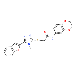 ChemSpider 2D Image | 2-{[5-(1-Benzofuran-2-yl)-4-methyl-4H-1,2,4-triazol-3-yl]sulfanyl}-N-(2,3-dihydro-1,4-benzodioxin-6-yl)acetamide | C21H18N4O4S