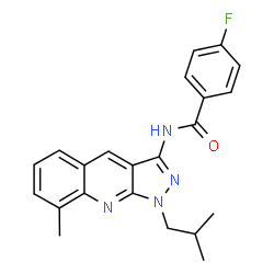 ChemSpider 2D Image | 4-Fluoro-N-(1-isobutyl-8-methyl-1H-pyrazolo[3,4-b]quinolin-3-yl)benzamide | C22H21FN4O