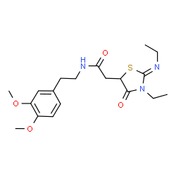 ChemSpider 2D Image | N-[2-(3,4-Dimethoxyphenyl)ethyl]-2-[(2Z)-3-ethyl-2-(ethylimino)-4-oxo-1,3-thiazolidin-5-yl]acetamide | C19H27N3O4S