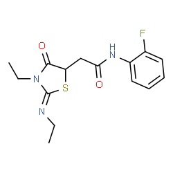 ChemSpider 2D Image | 2-[(2Z)-3-Ethyl-2-(ethylimino)-4-oxo-1,3-thiazolidin-5-yl]-N-(2-fluorophenyl)acetamide | C15H18FN3O2S