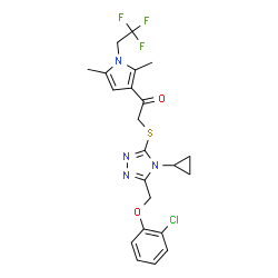 ChemSpider 2D Image | 2-({5-[(2-Chlorophenoxy)methyl]-4-cyclopropyl-4H-1,2,4-triazol-3-yl}sulfanyl)-1-[2,5-dimethyl-1-(2,2,2-trifluoroethyl)-1H-pyrrol-3-yl]ethanone | C22H22ClF3N4O2S