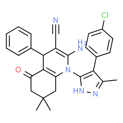 ChemSpider 2D Image | 2-Amino-1-[4-(4-chlorophenyl)-3-methyl-1H-pyrazol-5-yl]-7,7-dimethyl-5-oxo-4-phenyl-1,4,5,6,7,8-hexahydro-3-quinolinecarbonitrile | C28H26ClN5O