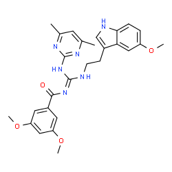 ChemSpider 2D Image | N-[(E)-[(4,6-Dimethylpyrimidin-2-yl)amino]{[2-(5-methoxy-1H-indol-3-yl)ethyl]amino}methylene]-3,5-dimethoxybenzamide | C27H30N6O4