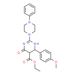 ChemSpider 2D Image | Ethyl 4-(4-methoxyphenyl)-6-oxo-2-(4-phenyl-1-piperazinyl)-1,4,5,6-tetrahydro-5-pyrimidinecarboxylate | C24H28N4O4