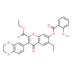 ChemSpider 2D Image | Ethyl 3-(2,3-dihydro-1,4-benzodioxin-6-yl)-6-ethyl-7-[(2-methoxybenzoyl)oxy]-4-oxo-4H-chromene-2-carboxylate | C30H26O9