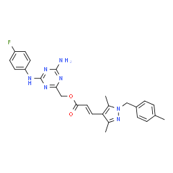 ChemSpider 2D Image | {4-Amino-6-[(4-fluorophenyl)amino]-1,3,5-triazin-2-yl}methyl (2E)-3-[3,5-dimethyl-1-(4-methylbenzyl)-1H-pyrazol-4-yl]acrylate | C26H26FN7O2