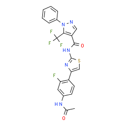 ChemSpider 2D Image | N-[4-(4-Acetamido-2-fluorophenyl)-1,3-thiazol-2-yl]-1-phenyl-5-(trifluoromethyl)-1H-pyrazole-4-carboxamide | C22H15F4N5O2S