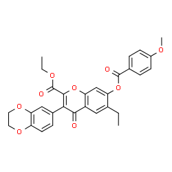 ChemSpider 2D Image | Ethyl 3-(2,3-dihydro-1,4-benzodioxin-6-yl)-6-ethyl-7-[(4-methoxybenzoyl)oxy]-4-oxo-4H-chromene-2-carboxylate | C30H26O9