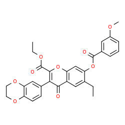 ChemSpider 2D Image | Ethyl 3-(2,3-dihydro-1,4-benzodioxin-6-yl)-6-ethyl-7-[(3-methoxybenzoyl)oxy]-4-oxo-4H-chromene-2-carboxylate | C30H26O9