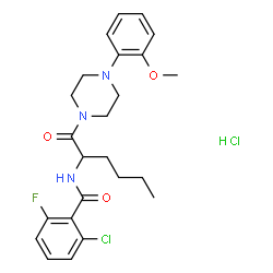 ChemSpider 2D Image | 2-Chloro-6-fluoro-N-{1-[4-(2-methoxyphenyl)-1-piperazinyl]-1-oxo-2-hexanyl}benzamide hydrochloride (1:1) | C24H30Cl2FN3O3
