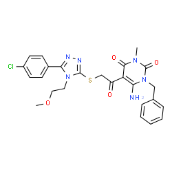 ChemSpider 2D Image | 6-Amino-1-benzyl-5-({[5-(4-chlorophenyl)-4-(2-methoxyethyl)-4H-1,2,4-triazol-3-yl]sulfanyl}acetyl)-3-methyl-2,4(1H,3H)-pyrimidinedione | C25H25ClN6O4S