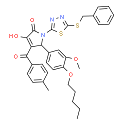 ChemSpider 2D Image | 1-[5-(Benzylsulfanyl)-1,3,4-thiadiazol-2-yl]-3-hydroxy-5-[3-methoxy-4-(pentyloxy)phenyl]-4-(4-methylbenzoyl)-1,5-dihydro-2H-pyrrol-2-one | C33H33N3O5S2
