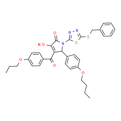 ChemSpider 2D Image | 1-[5-(Benzylsulfanyl)-1,3,4-thiadiazol-2-yl]-5-(4-butoxyphenyl)-3-hydroxy-4-(4-propoxybenzoyl)-1,5-dihydro-2H-pyrrol-2-one | C33H33N3O5S2