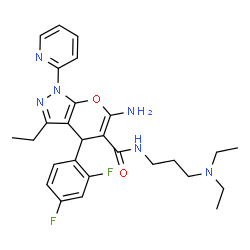 ChemSpider 2D Image | 6-Amino-N-[3-(diethylamino)propyl]-4-(2,4-difluorophenyl)-3-ethyl-1-(2-pyridinyl)-1,4-dihydropyrano[2,3-c]pyrazole-5-carboxamide | C27H32F2N6O2