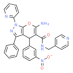 ChemSpider 2D Image | 6-Amino-4-(3-nitrophenyl)-3-phenyl-1-(2-pyridinyl)-N-(4-pyridinylmethyl)-1,4-dihydropyrano[2,3-c]pyrazole-5-carboxamide | C30H23N7O4