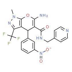 ChemSpider 2D Image | 6-Amino-1-methyl-4-(3-nitrophenyl)-N-(4-pyridinylmethyl)-3-(trifluoromethyl)-1,4-dihydropyrano[2,3-c]pyrazole-5-carboxamide | C21H17F3N6O4