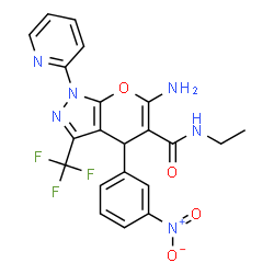 ChemSpider 2D Image | 6-Amino-N-ethyl-4-(3-nitrophenyl)-1-(2-pyridinyl)-3-(trifluoromethyl)-1,4-dihydropyrano[2,3-c]pyrazole-5-carboxamide | C21H17F3N6O4