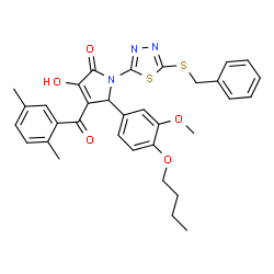 ChemSpider 2D Image | 1-[5-(Benzylsulfanyl)-1,3,4-thiadiazol-2-yl]-5-(4-butoxy-3-methoxyphenyl)-4-(2,5-dimethylbenzoyl)-3-hydroxy-1,5-dihydro-2H-pyrrol-2-one | C33H33N3O5S2
