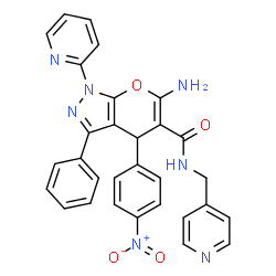ChemSpider 2D Image | 6-Amino-4-(4-nitrophenyl)-3-phenyl-1-(2-pyridinyl)-N-(4-pyridinylmethyl)-1,4-dihydropyrano[2,3-c]pyrazole-5-carboxamide | C30H23N7O4