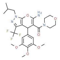 ChemSpider 2D Image | [6-Amino-1-isobutyl-3-(trifluoromethyl)-4-(3,4,5-trimethoxyphenyl)-1,4-dihydropyrano[2,3-c]pyrazol-5-yl](4-morpholinyl)methanone | C25H31F3N4O6