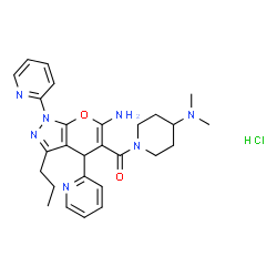 ChemSpider 2D Image | [6-Amino-3-propyl-1,4-di(2-pyridinyl)-1,4-dihydropyrano[2,3-c]pyrazol-5-yl][4-(dimethylamino)-1-piperidinyl]methanone hydrochloride (1:1) | C27H34ClN7O2