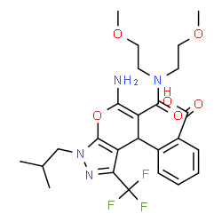 ChemSpider 2D Image | 2-{6-Amino-5-[bis(2-methoxyethyl)carbamoyl]-1-isobutyl-3-(trifluoromethyl)-1,4-dihydropyrano[2,3-c]pyrazol-4-yl}benzoic acid | C25H31F3N4O6