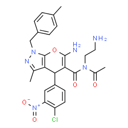 ChemSpider 2D Image | N-Acetyl-6-amino-N-(2-aminoethyl)-4-(4-chloro-3-nitrophenyl)-3-methyl-1-(4-methylbenzyl)-1,4-dihydropyrano[2,3-c]pyrazole-5-carboxamide | C26H27ClN6O5
