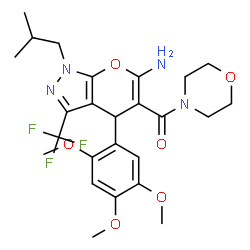 ChemSpider 2D Image | [6-Amino-1-isobutyl-3-(trifluoromethyl)-4-(2,4,5-trimethoxyphenyl)-1,4-dihydropyrano[2,3-c]pyrazol-5-yl](4-morpholinyl)methanone | C25H31F3N4O6