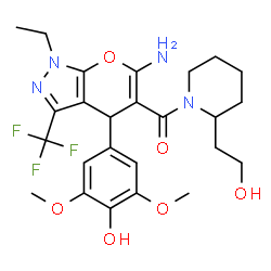 ChemSpider 2D Image | [6-Amino-1-ethyl-4-(4-hydroxy-3,5-dimethoxyphenyl)-3-(trifluoromethyl)-1,4-dihydropyrano[2,3-c]pyrazol-5-yl][2-(2-hydroxyethyl)-1-piperidinyl]methanone | C25H31F3N4O6
