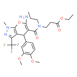 ChemSpider 2D Image | Ethyl N-{[6-amino-4-(3,4-dimethoxyphenyl)-1-methyl-3-(trifluoromethyl)-1,4-dihydropyrano[2,3-c]pyrazol-5-yl]carbonyl}-N-propyl-beta-alaninate | C25H31F3N4O6