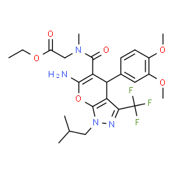 ChemSpider 2D Image | Ethyl N-{[6-amino-4-(3,4-dimethoxyphenyl)-1-isobutyl-3-(trifluoromethyl)-1,4-dihydropyrano[2,3-c]pyrazol-5-yl]carbonyl}-N-methylglycinate | C25H31F3N4O6