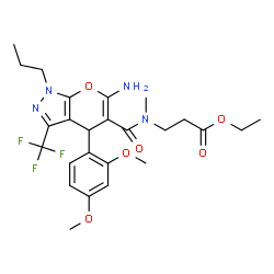 ChemSpider 2D Image | Ethyl N-{[6-amino-4-(2,4-dimethoxyphenyl)-1-propyl-3-(trifluoromethyl)-1,4-dihydropyrano[2,3-c]pyrazol-5-yl]carbonyl}-N-methyl-beta-alaninate | C25H31F3N4O6