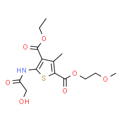 ChemSpider 2D Image | 4-Ethyl 2-(2-methoxyethyl) 5-(glycoloylamino)-3-methyl-2,4-thiophenedicarboxylate | C14H19NO7S