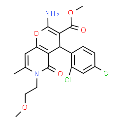ChemSpider 2D Image | Methyl 2-amino-4-(2,4-dichlorophenyl)-6-(2-methoxyethyl)-7-methyl-5-oxo-5,6-dihydro-4H-pyrano[3,2-c]pyridine-3-carboxylate | C20H20Cl2N2O5