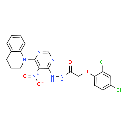 ChemSpider 2D Image | 2-(2,4-Dichlorophenoxy)-N'-[6-(3,4-dihydro-1(2H)-quinolinyl)-5-nitro-4-pyrimidinyl]acetohydrazide | C21H18Cl2N6O4