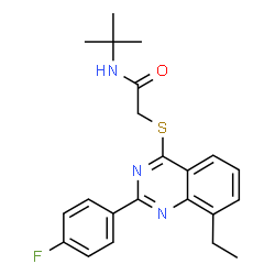 ChemSpider 2D Image | 2-{[8-Ethyl-2-(4-fluorophenyl)-4-quinazolinyl]sulfanyl}-N-(2-methyl-2-propanyl)acetamide | C22H24FN3OS