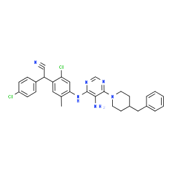 ChemSpider 2D Image | (4-{[5-Amino-6-(4-benzylpiperidin-1-yl)pyrimidin-4-yl]amino}-2-chloro-5-methylphenyl)(4-chlorophenyl)acetonitrile | C31H30Cl2N6